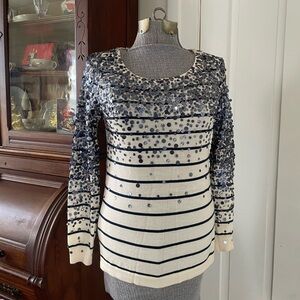 J CREW 2011 Blue Sequins Cream and Navy Blue Horizontal Striped Wool Long Sleeve